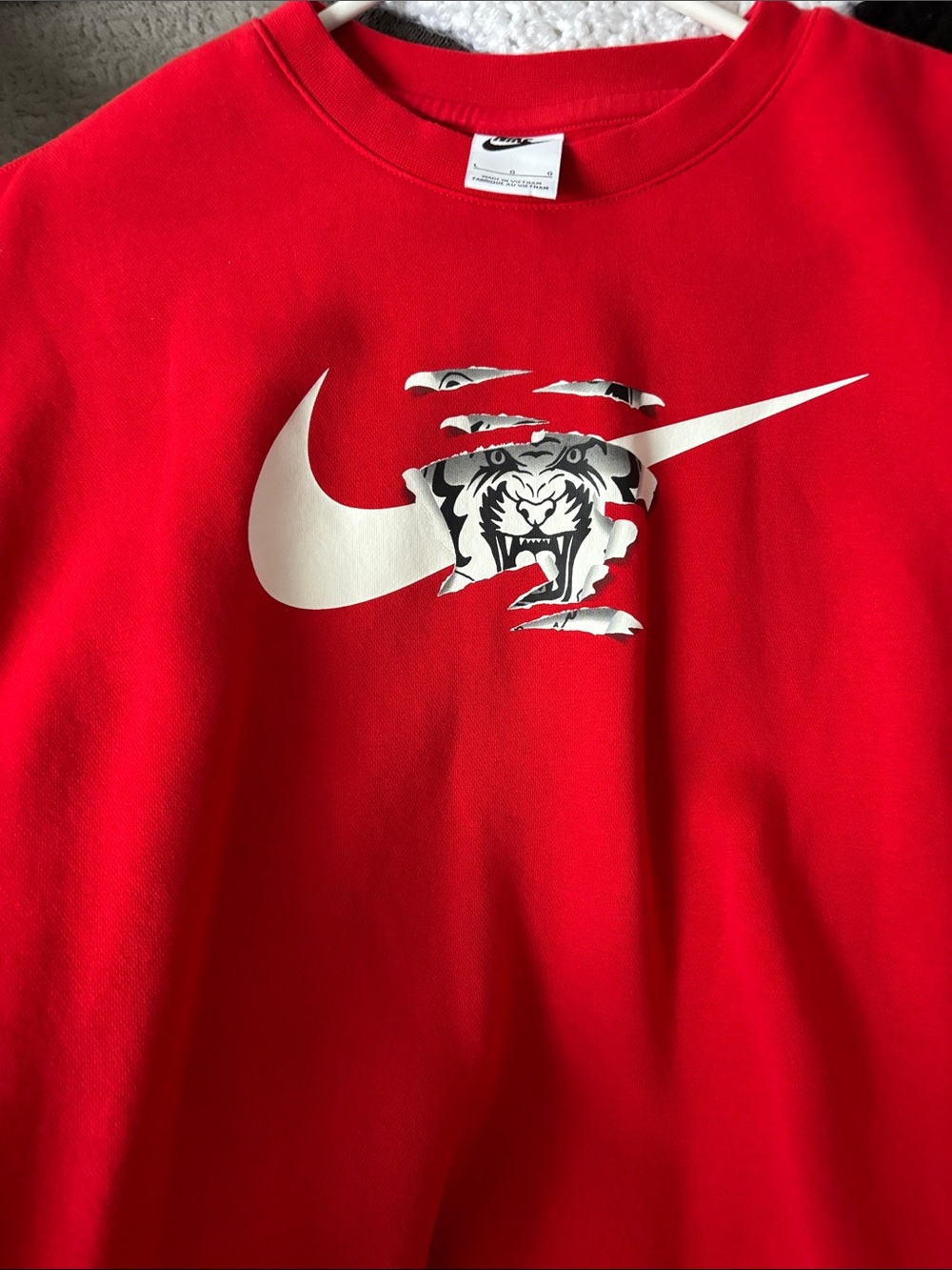 Nike LeBron James Red Graphic Crewneck Sweatshirt with Tiger Swoosh-